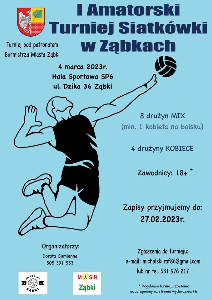 plakat informacyjny z sylwetką siatkarza w serwisie z wyskoku