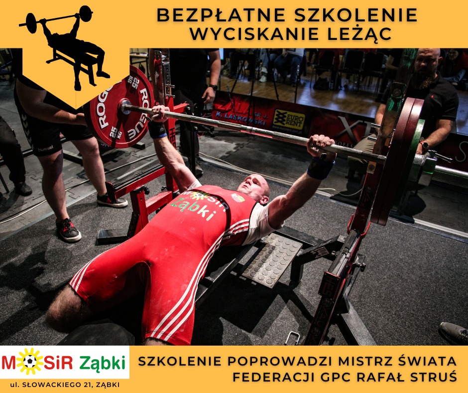 zawodnik podnosi sztangę na leżąco - plakat