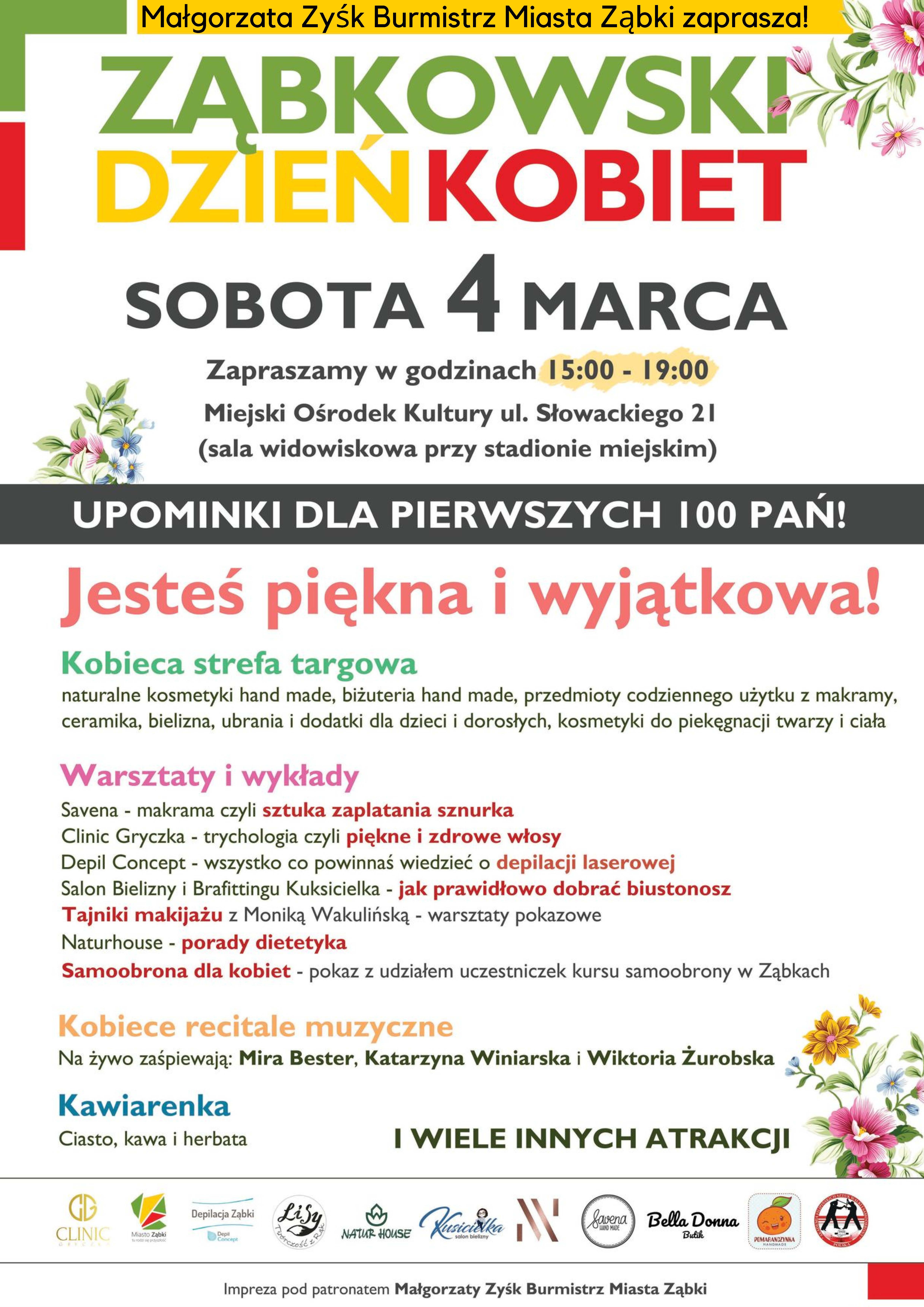 Plakat z zaproszeniem na Ząbkowski Dzień Kobiet w dniu 4 marca 2023 r. w sali MOK na trybunie miejskiej 